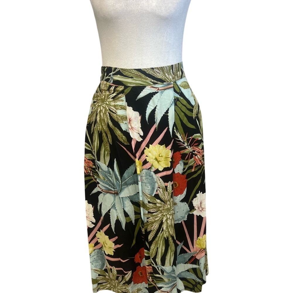 Boho World Market Midi Tropical Succulent Print Skirt Sz S/M Cottagecore NWT